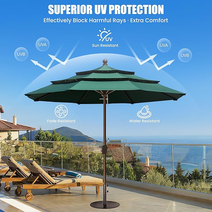 EliteShade USA 10-Year-Non-Fading 11ft 3-Tier Market Patio Umbrella, Commercial Grade Outdoor Table Umbrella with Crank Open, Windproof & UPF 50+ UV Protection, Heavy Duty Ventilation for Garden, Deck, Pool, Backyard, Beach & Bistro, No Tilt, Forest Green