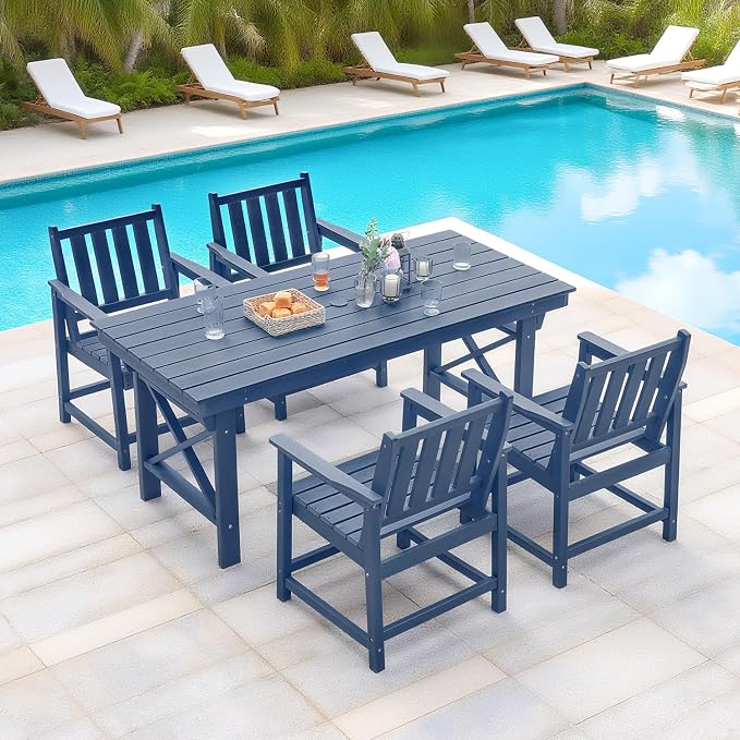 Outdoor Patio Dining Table Set, 5-Piece Outdoor HDPE Dining Furniture Sets with Umbrella Hole Table and 4 Chairs, All Weather for Backyard, Garden, Poolside, Lawn, Navy