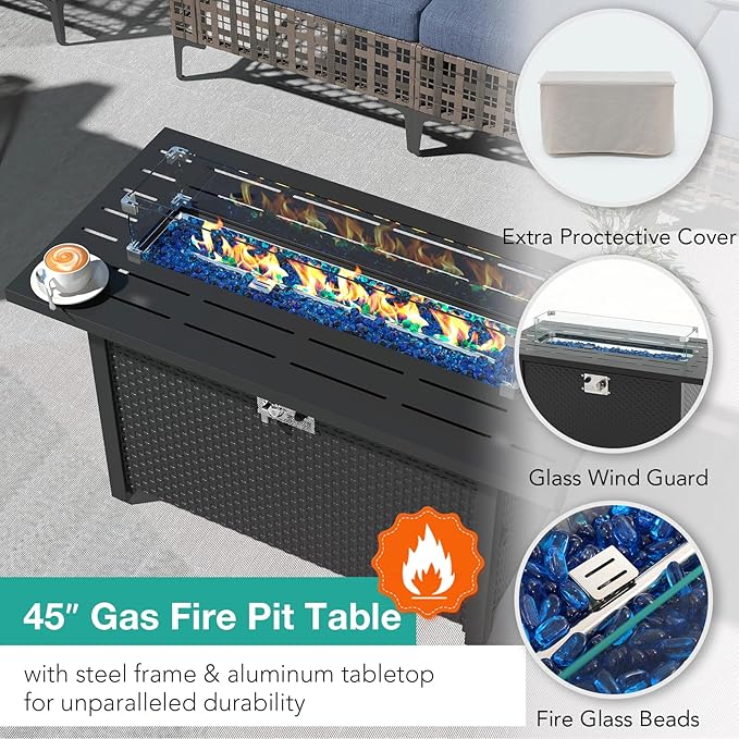 Patiorama 8 Piece Wicker Patio Furniture Set with 45” Fire Pit Table, Metal-Colored PE Rattan Outdoor Sectional Sofa, 50000 BTU Propane Fire Pit w/Wind Guard,Cover,Water Resistant Cushion-Denim Blue