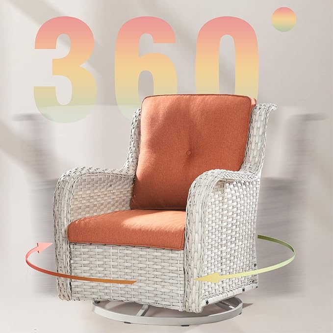 Joyside Outdoor Rocker Swivel Patio Chairs Set of 4 with 2 Matching Side Tables - 6 Pieces Patio Wicker Conversation Set with Premium & Soft Fabric Cushions(Light Grey/Orange)