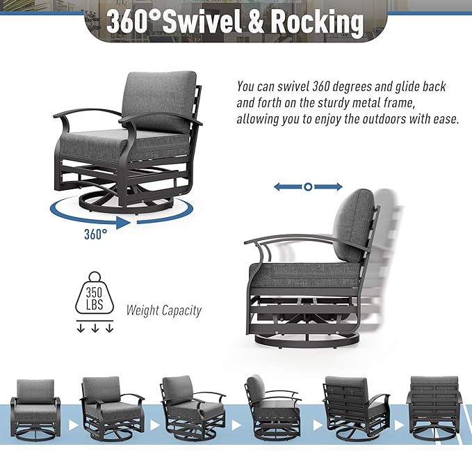 Kurapika Aluminum Patio Furniture Set 10-Seat Modern Metal Outdoor Conversation Sets w/Swivel Rocking Chairs Patio Sectional Sofa w/5.1 Inch Cushion with Rectangular Coffee Table, Grey