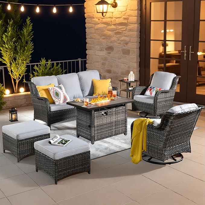 ovios 7-Pieces Patio Furniture Set with 42 Inch Fire Pit Table Swivel Chairs, Outdoor Wicker Sofa Couch Gliders Rocker, High Back Modern Conversation Set, Grey Rattan, Grey