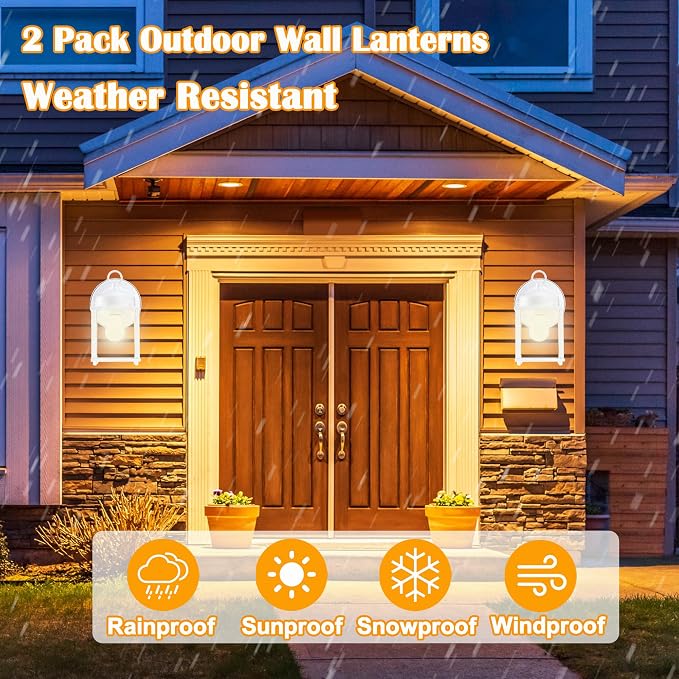 Outdoor Wall Light, Porch Lamp, Rustproof Waterproof, White | Exterior Wall Sconce Fixture for House, Garage, Patio, Metal Housing with Glass, E26 Base, 2 Pack