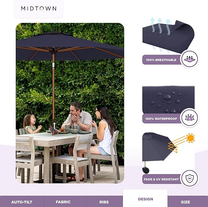 Midtown Umbrellas Wooden 2-8 Ft Patio Umbrella with 360° Swivel & Tilt Mechanism, 8 Fiberglass Ribs & Terylast Polyester Fabric for Deck, Pool, Garden & Porch - Navy Canopy, Wooden Pole