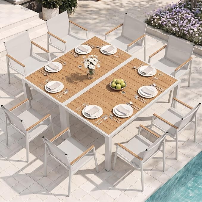 Outdoor Dining Set for 8, Aluminum Patio Table and Chairs Set, 10-Piece All Weather Patio Dining Furniture Set with Umbrella Hole for Backyard, Deck, Poolside (White-Teak)
