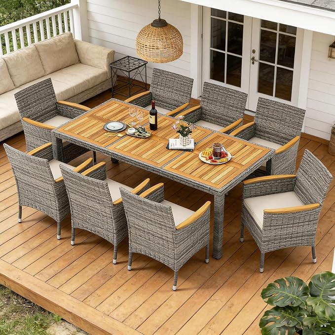 COSTWAY 9-Piece Patio Dining Set for 8, Outdoor Rattan Wicker Table and Chairs Furniture Set with Umbrella Hole, Acacia Wood Tabletop for Backyard, Balcony, Poolside, Grey & White
