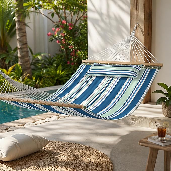 Outdoor Double Hammock with Pillow and Carry Bag, Colorful Stripes | Pure cotton breathable, fade-resistant fabric, 550 lbs Capacity