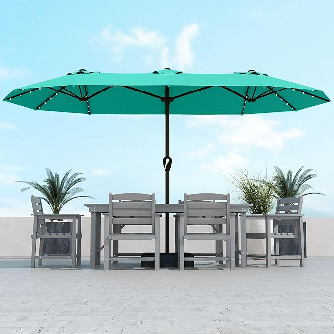 Kingdura 15ft Large Patio Umbrella with Solar Lights, Double-Sided Rectangle Outdoor Table Umbrella with Base Included, 12 Reinforced Ribs, 48 Led Lights, Crank Lift for Market Pool Deck, Tiffany blue