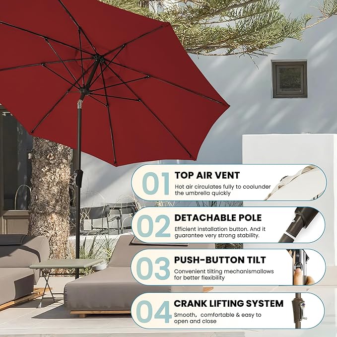 9FT Large Outdoor Patio Umbrella Pool Market Umbrella-UV Resistant, Easy Push Button Tilt and Crank, 8 Sturdy Ribs Heavy-Duty Table Umbrella for Deck, Backyard, Garden(Red)