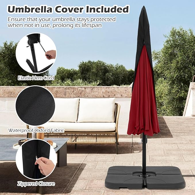 Tangkula 10FT Offset Hanging Umbrella with Cover, Patio Cantilever Umbrella w/ Easy Tilt Adjustment, Crank, Ruffled Edge, 8 Ribs, Sun-Protective Canopy, Heavy-Duty Outdoor Parasol for Pool Garden Deck (Red)