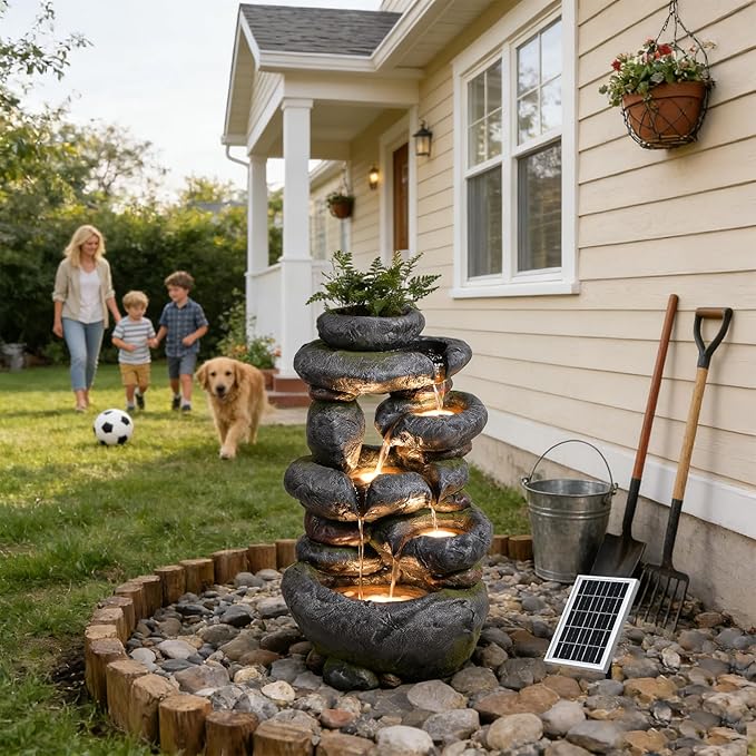 5-Tier Solar Water Fountain Outdoor Garden Cascading Rock Feature, 29.5''Tall Solar Powered Outside Fountains and Waterfalls with Lights for Garden, Patio, Yard, Deck Home Décor