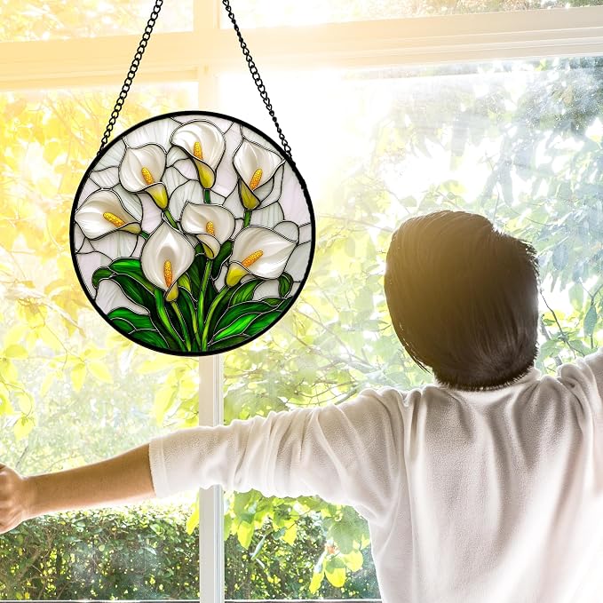 DASTOLL Stained Glass Window Hanging, White Calla Lily Suncatcher Diamond Glass Panel Hangings Flowers Sun Catchers Decor for Birthday for Women, Men, Wife, Aunt, and Mom 6.3 in