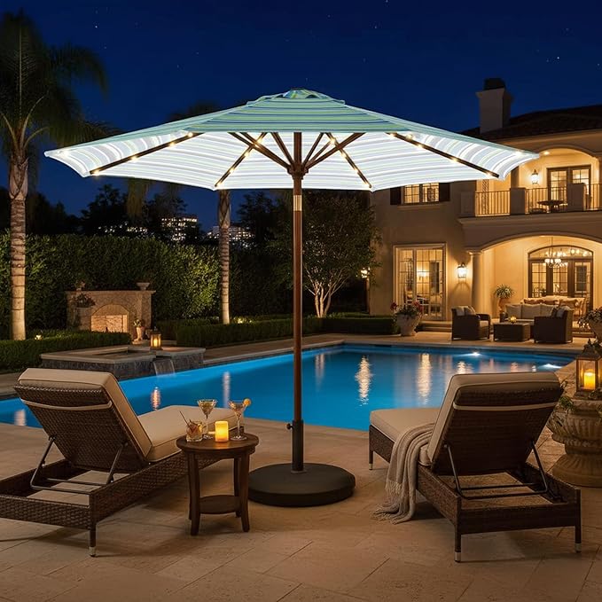 9' Solar LED Patio Umbrella with Tilt & Crank|8 Sturdy Ribs,UV Protection,Outdoor Market Table Umbrella for Deck,Lawn,Pool,Backyard (Blue Green Stripes)