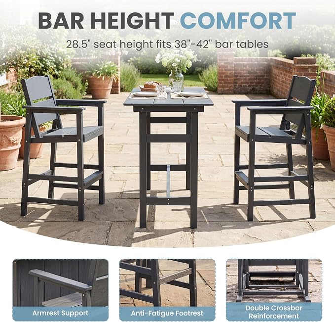 4 Pack HDPE Outdoor Bar Height Chairs, 28.5" All-Weather Patio Stools with Comfortable Armrests, Heavy-Duty Poly Wood High Top Seating for Outdoor Kitchen/Garden/Fire Pit/Backyard, Grey