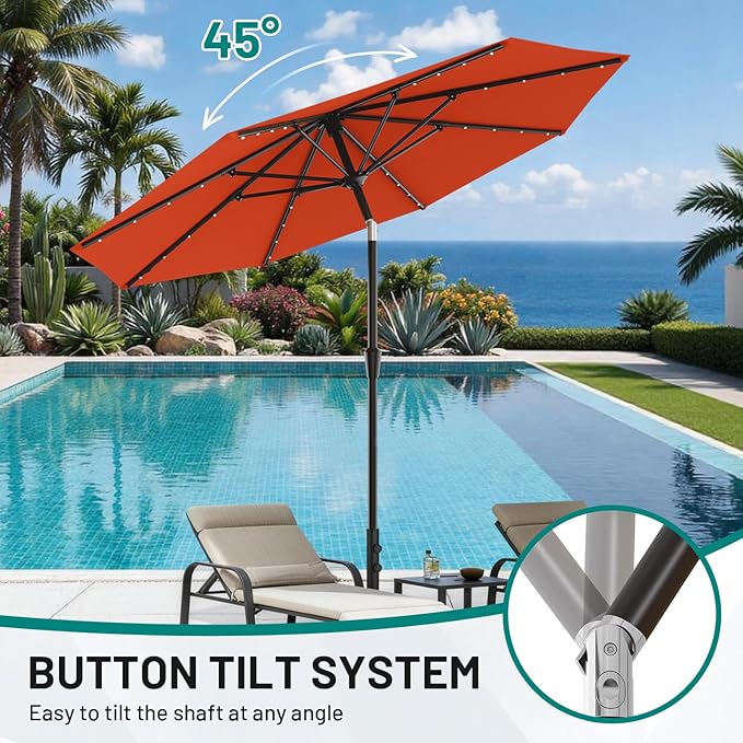 AreShark 9FT Patio Umbrella with Solar Lights, 32 Lighted Pool Umbrella w/Tilt and Crank, Outdoor Market Solar Umbrellas for Garden, Deck, Backyard, Pool and Beach, Orange