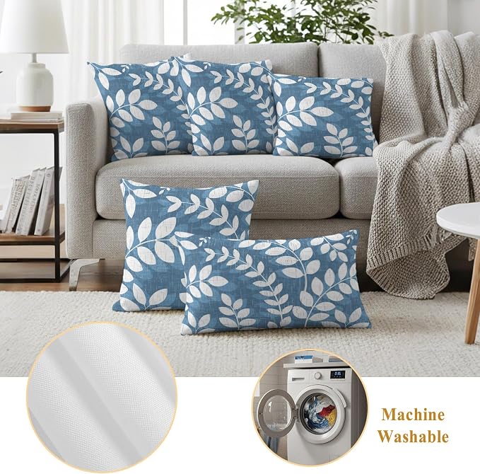 Lake Blue Leaves Outdoor Waterproof Throw Pillow Covers 20x12 Set of 2, Farmhouse Botanical Branch Vintage Boho Leaf Decorative Pillowcases Cushion Pillowcase for Couch Sofa Patio Pillow Protector