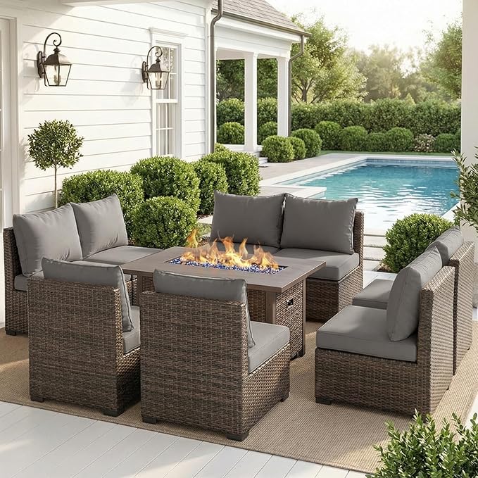 Patio Furniture Set with Fire Pit Table, Outdoor Sectional Rattan Sofa Set, Patio Set Seating Furniture with Thickened Cushions (Gray, 9 Pieces)