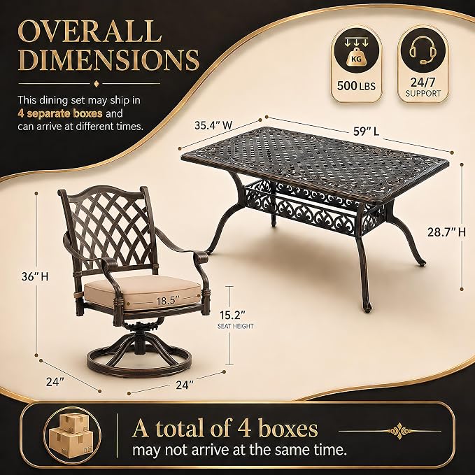 7 Piece Outdoor Dining Set Cast Aluminum, Retro Patio Dining Set for 6 Includes 59” Rectangular Table 6 Swivel Chairs with Thicker Cushions and Umbrella Hole for Patio Deck Garden