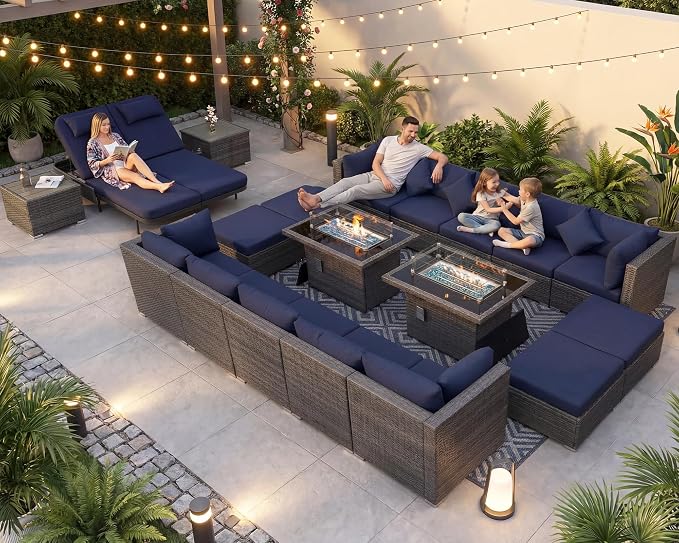 NICESOUL 20 Piece Patio Furniture Set with Fire Pit Table and Chaise, 29.3'' High Back Outdoor Wicker Couch Sets with Firepit and Lounger, 500 lbs Heavy Duty 14-Seat Outdoor Sectional, Charcoal/Navy
