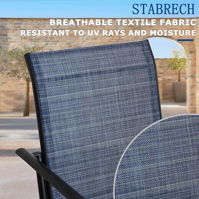 9 Pieces Patio Dining Set for 8, Dark Blue Patio Stackable Chairs and Black Round Table Set of 8, Outdoor Furniture Set with Sling Support for Outside, Garden