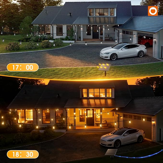 addlon 33FT(27+6) Solar String Lights Outdoor, Last 20+ Hrs, USB Charging | IP65 Waterproof. Dimmable Timer via Remote. Memory, 3 Modes, 2700K Warm White. Easy Install for Patio, Backyard, Porch.