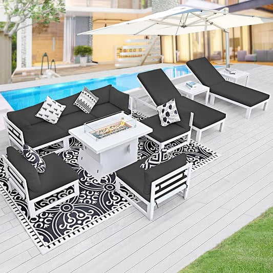 BULEXYARD 8 Seat Large Aluminum Patio Conversation Set with Lounge & Fire Pit Table, 29" Deep Wide Seat, High End Modular Sectional Seating, 500 lbs Durable Anti-Rust Outdoor Sofa for Poolside, Black