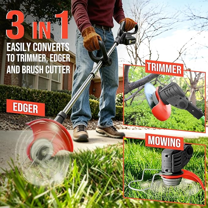Electric Weed Wacker, 21V Cordless Weed Eater Battery Powered with 2X 2.0Ah Batteries, Charger and Metal Blade, 3 in 1 Lightweight Electric Weed Grass Trimmer Brush Cutter Edger for Lawn Yard Garden