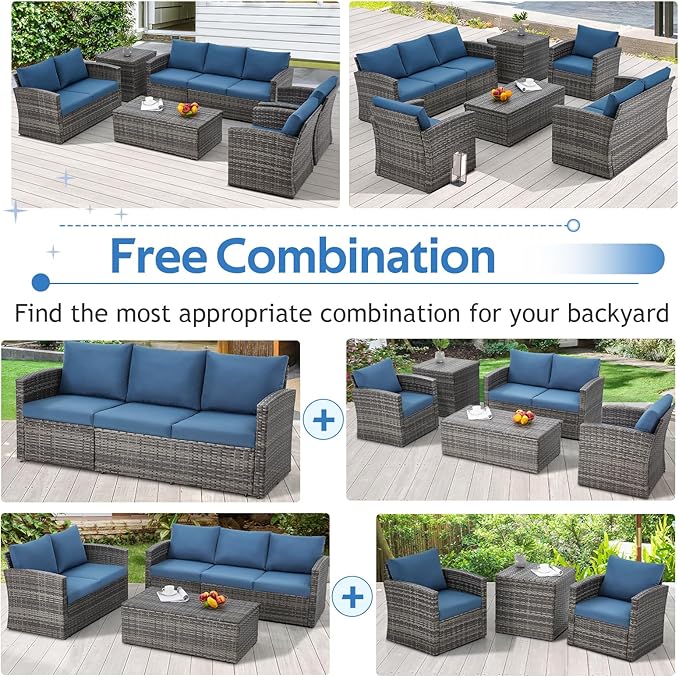 U-MAX 7 PCS Outdoor Patio Furniture Sets w/Two Storage Boxes, Outdoor Conversation Set PE Wicker Sectional Sofa Patio Sofa for Garden, Deck, Grey Rattan& Blue Cushions