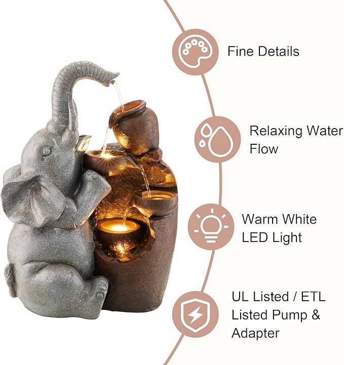 Glitzhome Outdoor Water Fountain, 4-Tiered Elephant and Pot Outdoor Fountain with Lights, 18.5" H Polyresin Decorative Waterfall Feature Garden Fountain with Pump for Patio, Yard, Deck, Porch Decor