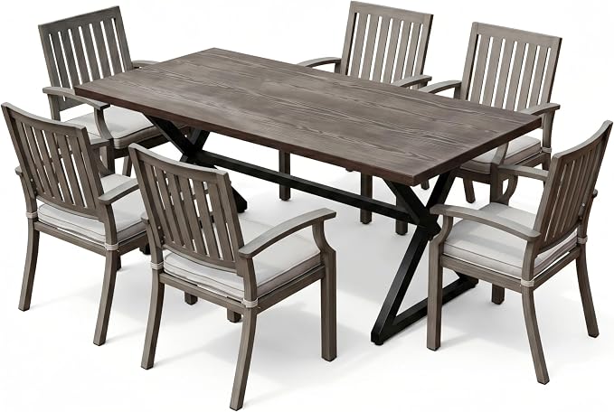 7 PCS Indoor Outdoor Patio Dining Furniture Set, Rectangular Wood Grain Pattern Table, 6 Aluminum Frame Chairs with Removable Thick Cushions, Ideal for Home, Apartment, Courtyard, Lawn, Poolside,Brown