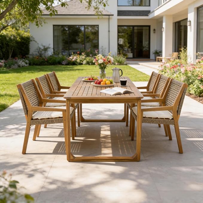 Christopher Knight Home Samma Acacia Wood Outdoor Dining Set for 6, Patio Dining Table Set for 6, Outdoor Dining Table and Sled Base, Dining Chairs with Cushion + Wicker Backrest, Teak+Brown+Cream