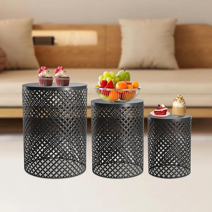 3-Pack Modern Metal Cylindrical Side Table for Outdoor & Indoor Use, Accent End Table Set for Garden Patio Deck Poolside, Iron Nesting Tables with Openwork Floral Pattern, 14.57x19.29in (Black)