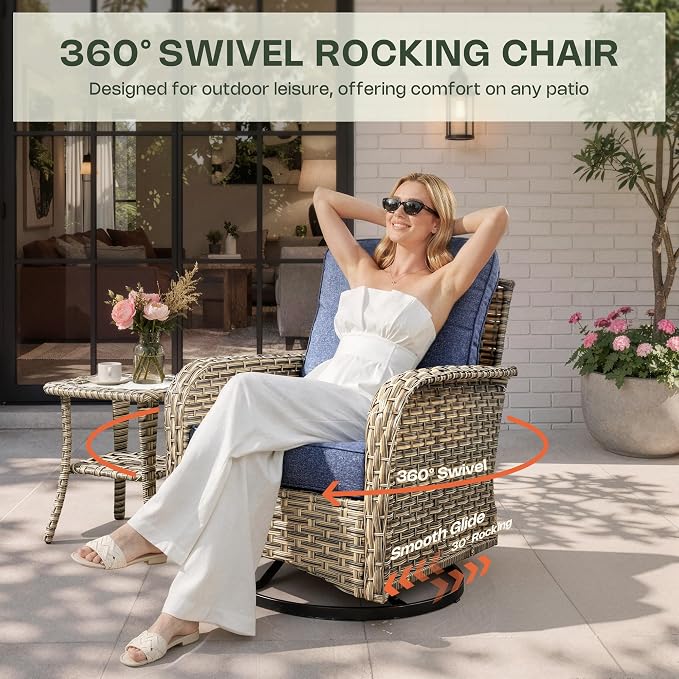 8 Pieces Patio Furniture Set, Outdoor Conversation Set with 360° Swivel Rocker Chairs, Wicker Sectional Sofa & Solar Powered Lighted Table, High Back Outdoor Furniture for Backyard Porch, Denim Blue