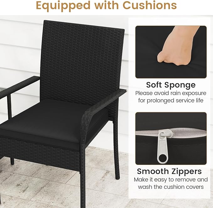 Tangkula 3 Pieces Patio Furniture Set, PE Rattan Outdoor Cushioned Conversation Chairs with 2-Tier Tempered Glass Tabletop Table, for Balcony, Garden and Poolside (Black)
