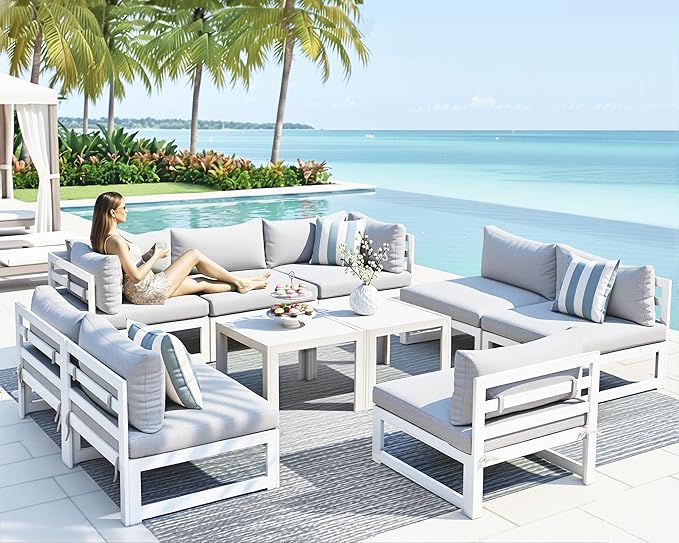 NICESOUL 10 Pcs L-Shaped Contemporary Aluminum Outdoor Furniture Set, 29" Deep Wide Large Couch Set, 500 lbs High Weight Capacity Modular Patio Sectional Sofa with Side Table for Garden, Light Grey