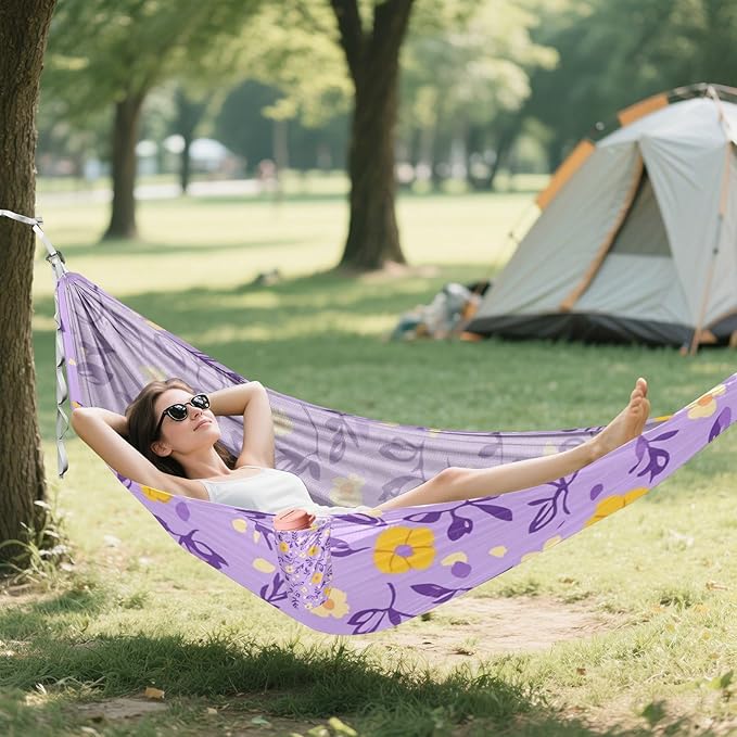 Multi-Small Flowers and Leaves Purple and Yellow 330lb Capacity Outdoor Hammock Rope Hammock for Patio Backyard Lounge Base amacas para patios con Base de adultos