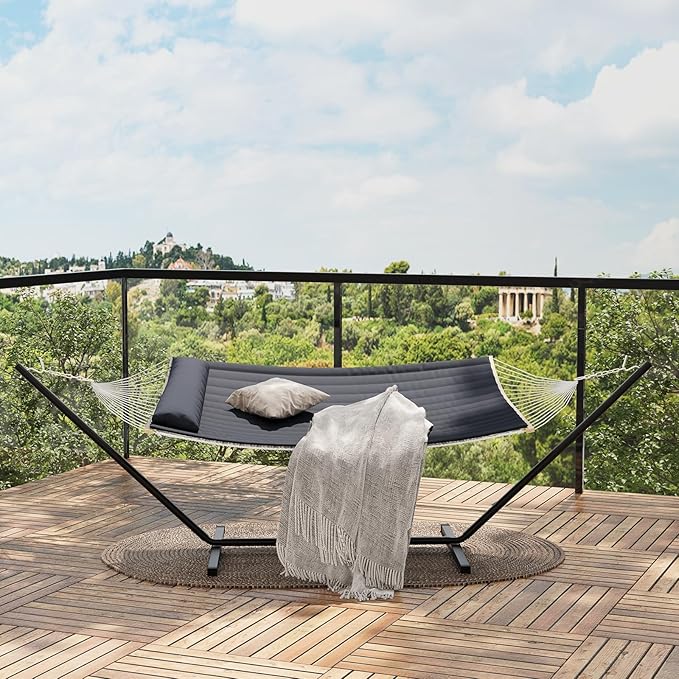 Double Hammock with Stand,450lbs Capacity, 2 Person Cotton Rope Portable Hammock with Polyester Quilted Pad and Pillow,for Garden Yard,Camping and Patio.Dark Dray.