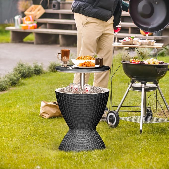 Outdoor Cooler Table – Adjustable Height with Built-in Ice Cooler Side Table, Resin Cool Bar for Patio, Party, Pool, Garden(Black)