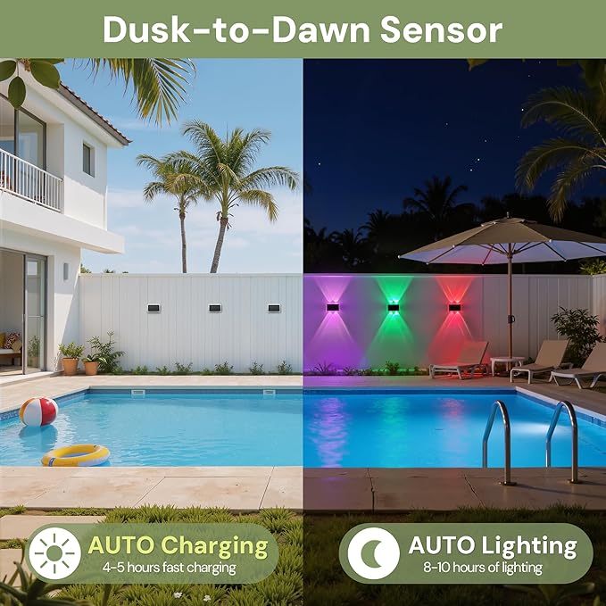 L LOHAS LED Solar Fence Lights Outdoor,8 Modes RGB Fence Lights Solar Powered, IP65 Waterproof Outdoor Step Light for Step Backyard Deck Wall Pathway Patio(6 Pack)