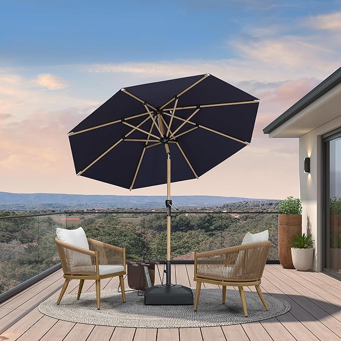 PURPLE LEAF 8 Feet Market Umbrella with Base Patio Umbrella Round Outdoor Table Umbrella with Push Button Tilt & Crank and 8 Ribs Aluminum Outdoor Umbrella for Garden Deck Balcony, Navy Blue