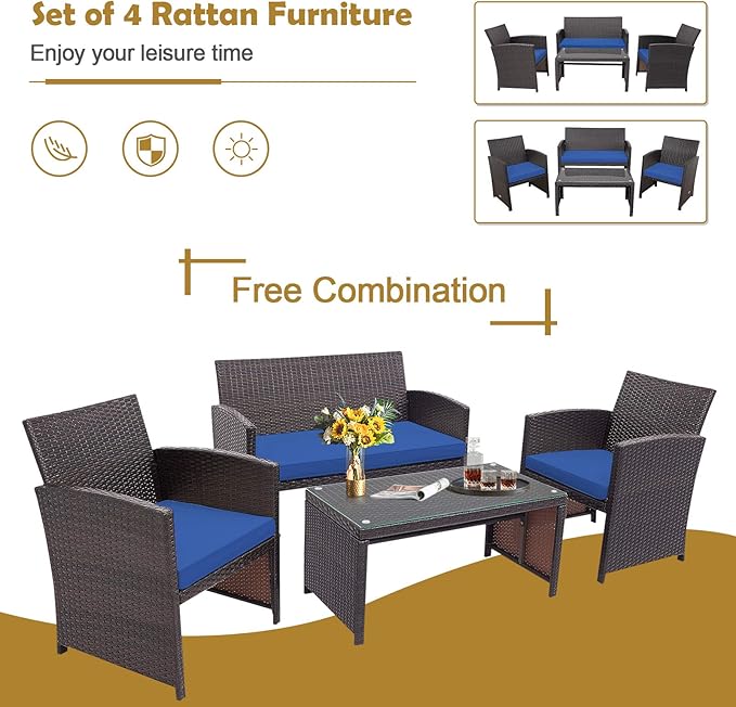 HAPPYGRILL Set of 4 Rattan Conversation Set Outdoor Wicker Furniture Set with Tempered Glass Coffee Table, Soft Cushions, Weather-Resistant Rattan Chair Set for Garden Backyard Poolside