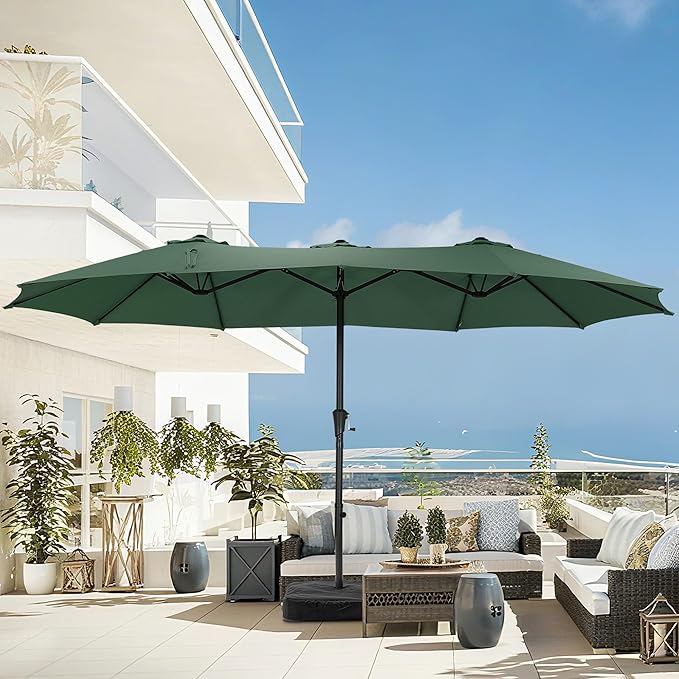 15 ft Patio Umbrella with Base, Large Rectangle Outdoor Umbrella with Matching Stand, Strap, Crank, Green