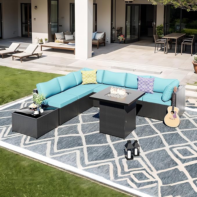 Patio Furniture Set with Fire Pit, All-Weather Outdoor Sectional Patio Furniture Set Including 7-Seated Sofa, 28" Gas Fire Pit Table,Coffee Table for Any Patio,Blue