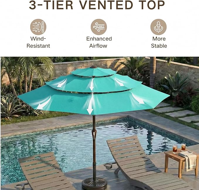 Kingdura 10ft 3-Tier Patio Umbrella, Outdoor Table Umbrella with Easy Crank & Tilt, 8 Reinforced Ribs, UV Protection for Deck, Pool, Market, Backyard (Tiffany blue)