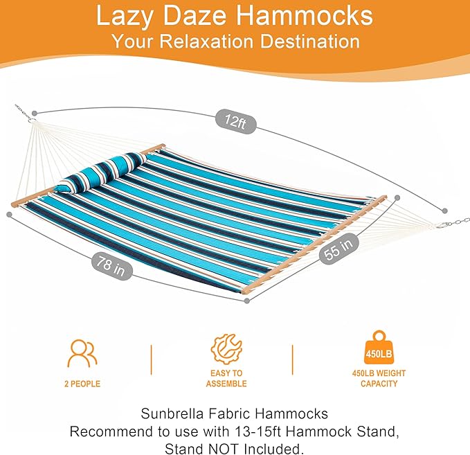Lazy Daze Hammocks 12 FT Sunbrella Fabric Hammock not Fading with Spreader Bars and Free Pillow Fits for 2 Persons, All Weather and Fade Resistant for Patio Yard, 450 lbs Capacity, Token Surfside