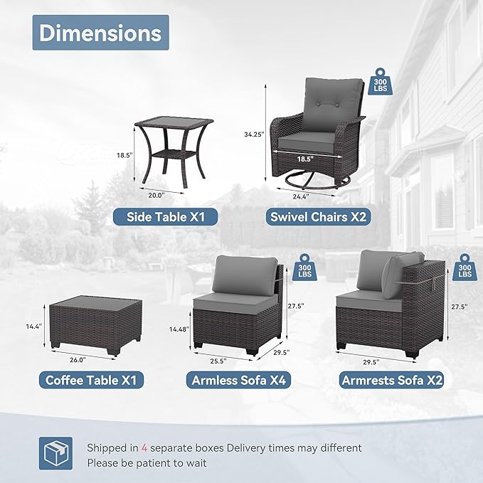 Kurapika 10 Pieces Patio Furniture Set, Rattan Wicker Sofa Set, Outdoor Conversation Sets w/Swivel Rocking Chairs Patio Sectional Sofa w/4 Inch Cushion, Grey