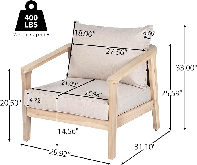 Merax 2 Piece Outdoor Acacia Wood and Wicker Club Chair, Light White Finish with Beige Cushion, Patio Garden Armchair