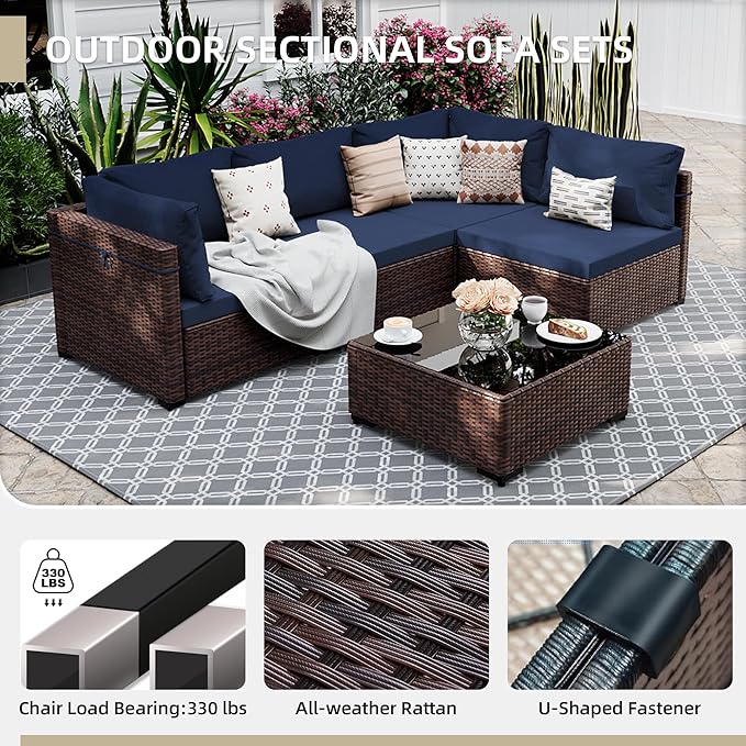 UPHA 5 Pieces Patio Furniture Sets, Wicker Outdoor Sectional Sofa Couch with Coffee Table, Patio Conversation Set for Deck Backyard Garden, Brown Rattan, Navy Blue Cushion