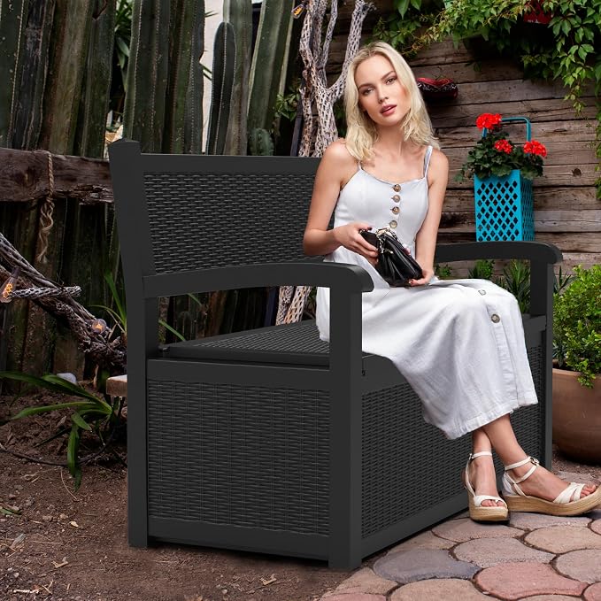 80 Gallon Storage Bench Deck Box Resin Patio Furniture with Armrest, Waterproof and UV Resistant Lockable for Patio Furniture, Garden Decor and Outdoor Seating for Cushions, Garden Tools,Black