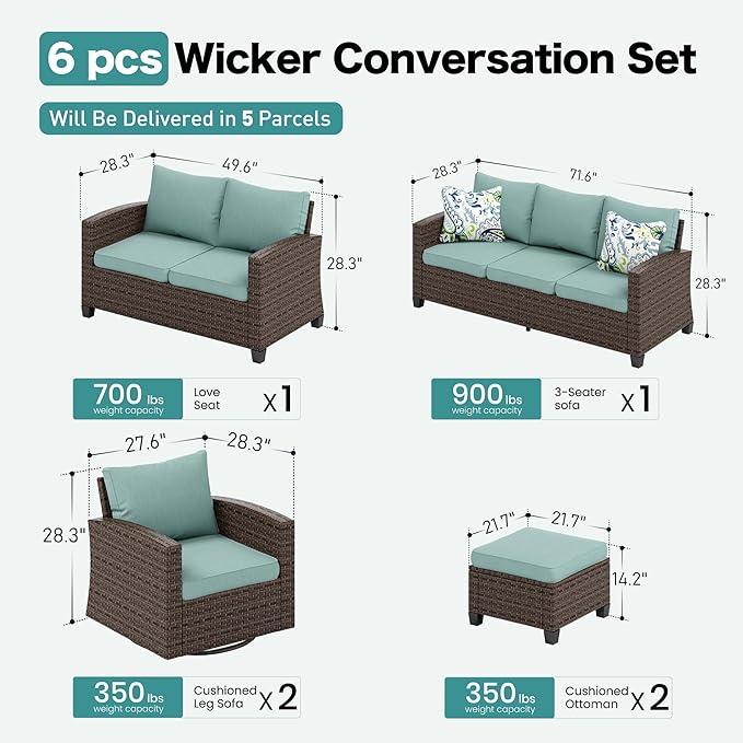 Swivel Glider Patio Furniture Set Outdoor Furniture Brown Wicker Rattan Patio Conversation Sets with Cushion Outside Sofa Set,6 Pieces 9 Seats,Blue